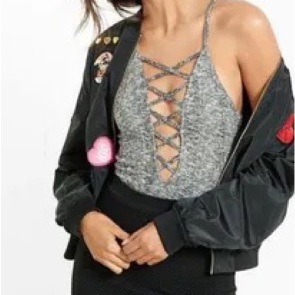 EXPRESS Lace Up Heather Grey Bodysuit